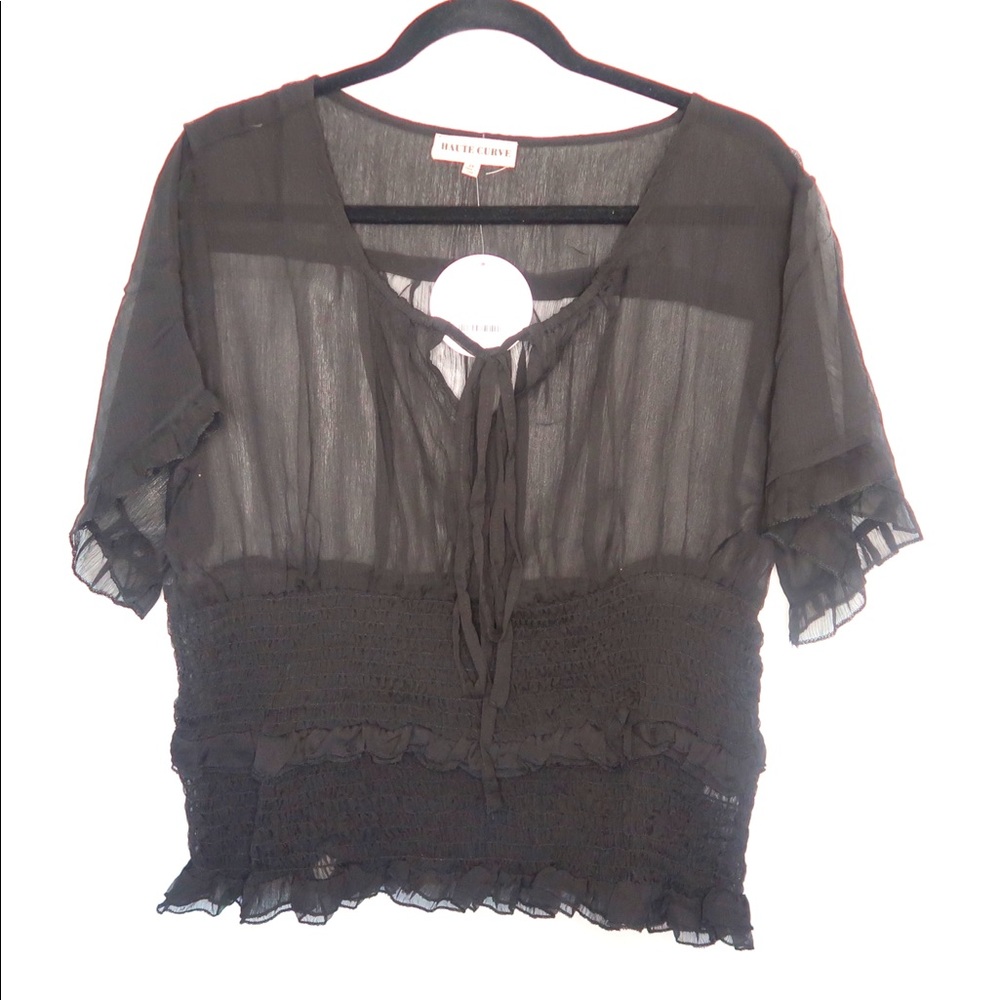 Junior plus black frill smock sheer top